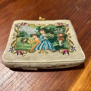 Vintage Small Fabric Coin Purse 2 Girls Embroidered Gold Lock Accent